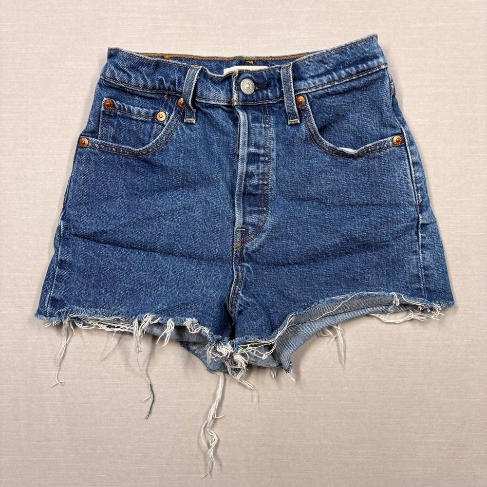 Levi's Ribcage Shorts Premium Women 25 Cut Off Blue Denim High Rise Distressed